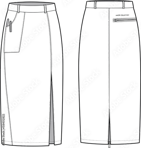 Cad drawing flat vector illustration, pencil skirt fashion template, zipper pocket front view, back slit design, stylish garment sketch layout