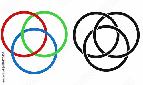 vector set Borromean rings icon in silhouette,black styles, three interlocked circles symbolizing unity, strength, logic, and connection. Ideal for logos, networks, teamwork, and symbolism.