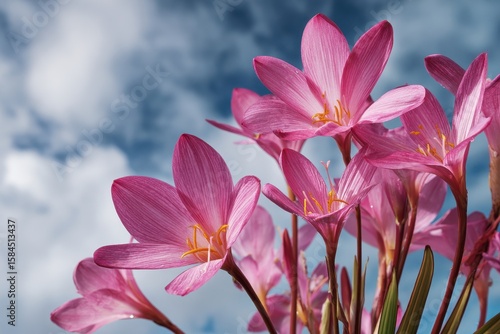 pink zephyranthes shot from below with clouds and sky