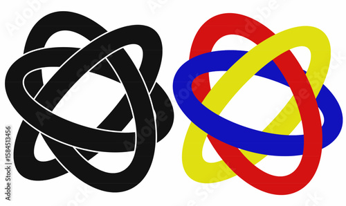 Borromean rings with ribbon style in black blue,yellow,red colors. 3D interlocked loop design for unity, logic, teamwork, abstract logo, or modern symbolic concepts.vector set icon.