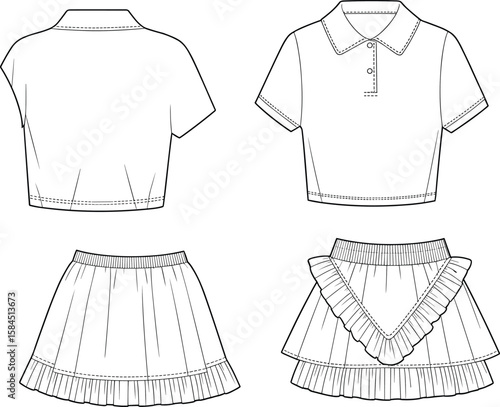 Fashion flat sketch of girls’ pleated mini skirt with ruffle detail and crop polo shirt, stylish kidswear clothing vector illustration