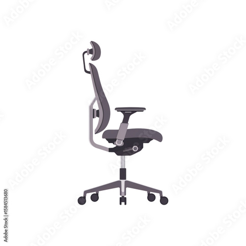 Side view of an ergonomic office chair with a headrest, armrests, and adjustable features.
