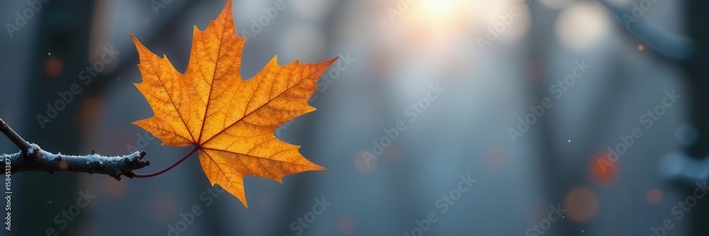 Obraz premium Last golden leaf on stark winter branch, soft focus backdrop , bokeh, branch