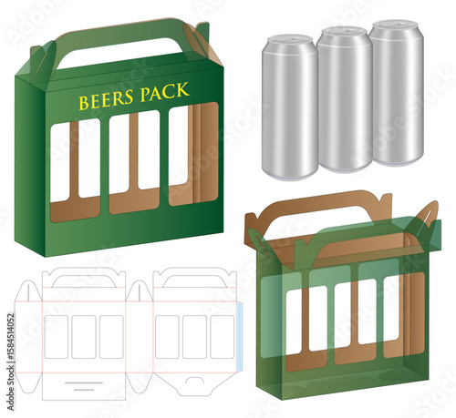 Beverage Cans Box Dieline – Foldable Packaging Template with Handle and Window