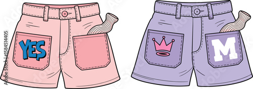 Cute kids shorts with colorful patch pocket design, front and back view, cartoon style fashion flat sketch vector illustration