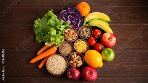 Fototapeta Naklejka Na Ścianę i Meble -  Assortment of fresh fruits vegetables and grains on a wooden table