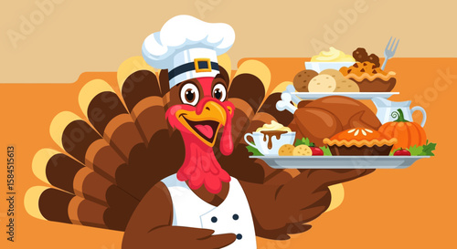 A cartoon turkey chef proudly presents a Thanksgiving feast on a serving tray.