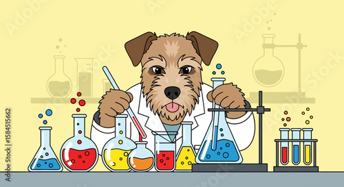 Cartoon dog scientist conducts experiments with colorful liquids in a laboratory setting.