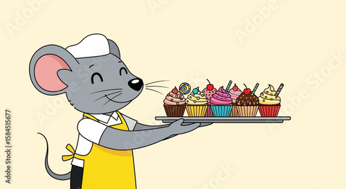 A cheerful chef mouse proudly presents a tray of assorted delicious cupcakes.