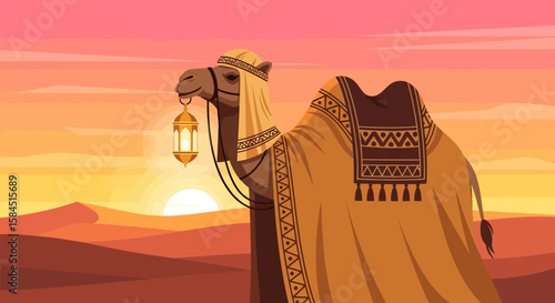 Decorated camel stands in the desert at sunset, holding a lantern, with sand dunes and a colorful sky in the background.