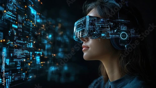 Wallpaper Mural Woman immersed in a virtual reality experience, interacting with holographic data Torontodigital.ca