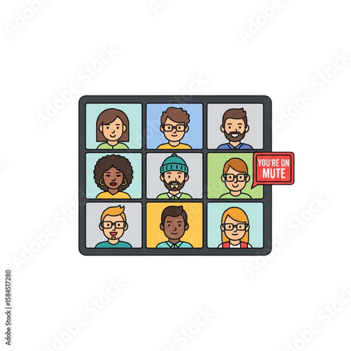 Nine diverse people in a video conference, one participant muted.