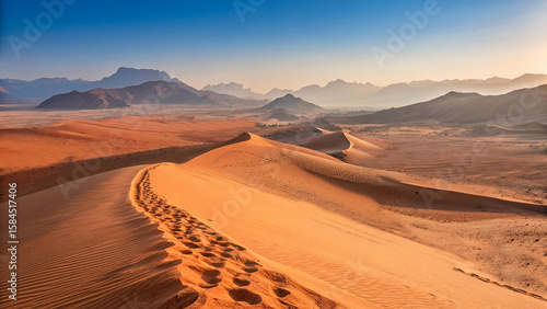 Fototapeta Naklejka Na Ścianę i Meble -  Warm Golden sand dunes under sunny day in desert United Arab Emirates, Desert Landscape in Dubai
