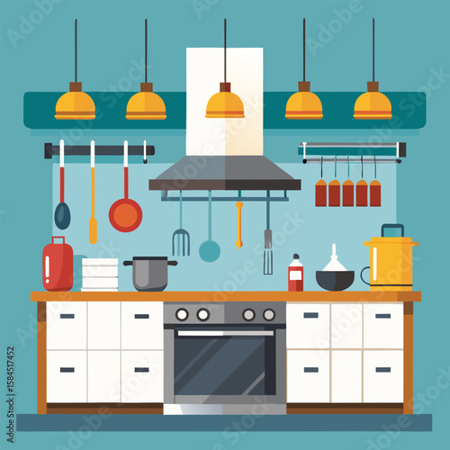 Illustrated kitchen interior design with cooking utensils and appliance furnishings in a modern flat style