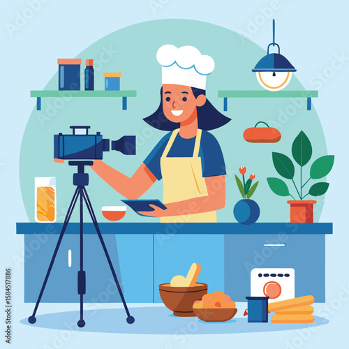 Chef filming a cooking show in a modern kitchen with food and equipment
