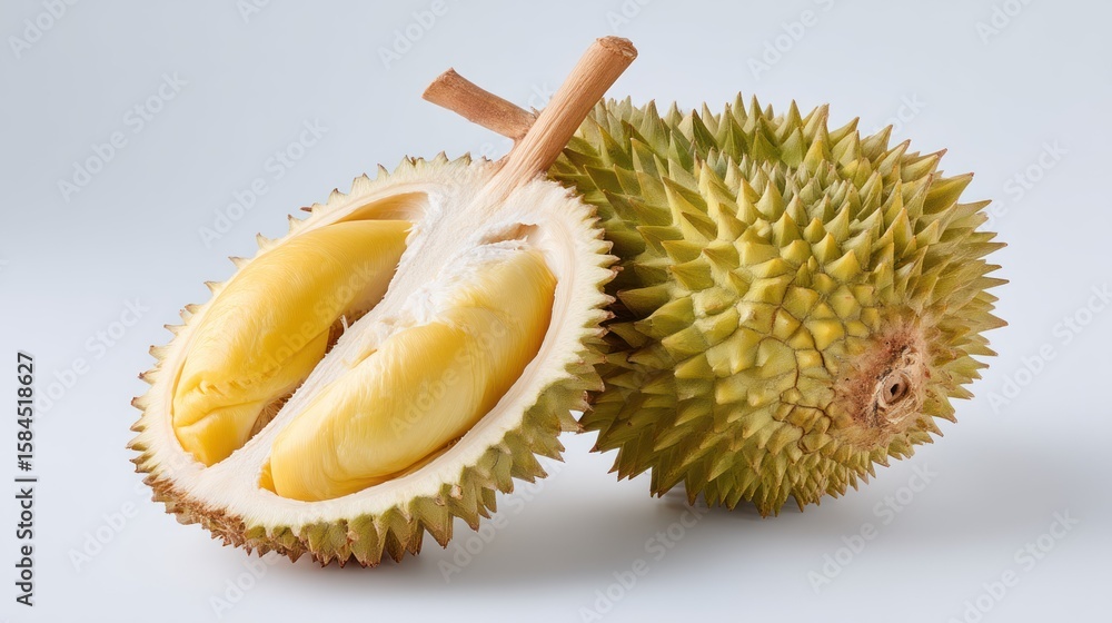 Naklejka premium Durian fruit opened on white
