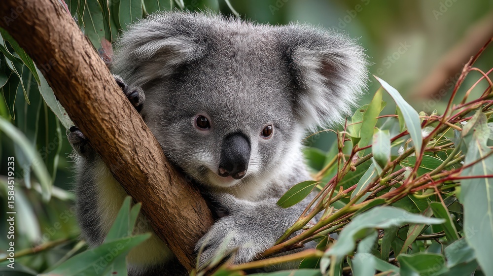 Obraz premium Koala clinging to eucalyptus branch