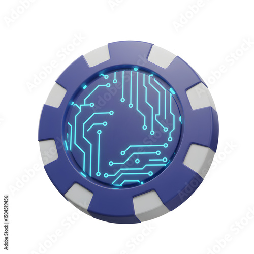 A blue casino chip features a glowing circuit board pattern, suggesting a modern or technology themed game environment.