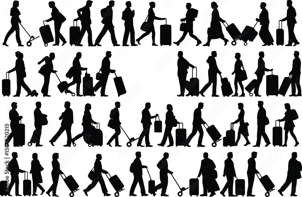 Obraz premium Silhouettes of travelers walking with rolling suitcases, people in motion with baggage, airport passengers, travel lifestyle concept, journey movement silhouettes