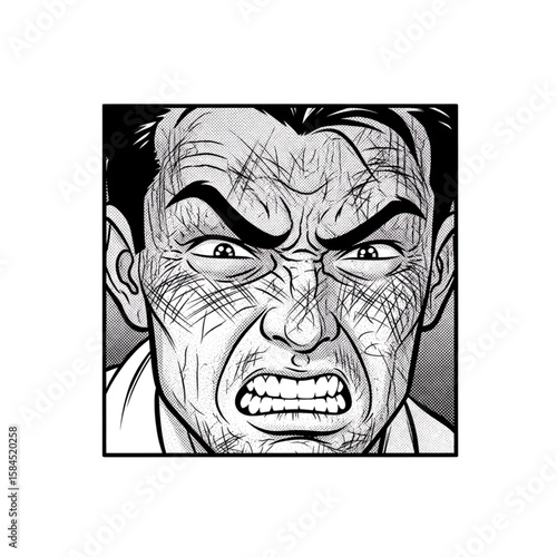 Close-up grayscale illustration of an angry man's face, detailed wrinkles and harsh expression.