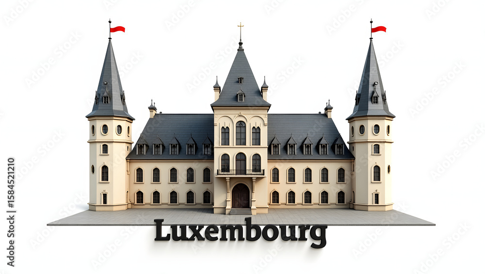 Obraz premium 3D illustration of the Grand Ducal Palace with detailed gothic architecture and flag. ‘Luxembourg’ in 3D font below. The official residence of the Grand Duke.