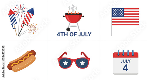 Festive 4th of July Celebration Vector Icons Set USA Independence Day, Barbecue, Hot Dog, and Patriotic Symbols