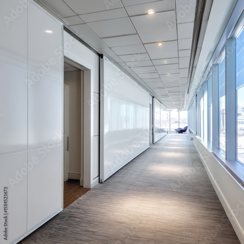 Roll-up banners placed at the end of office hallways to showcase event and brand promotions.