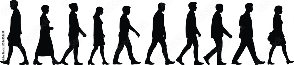 Fototapeta premium People walking Silhouettes in motion, various positions, business attire, office workers, casual clothes, marching, urban flow, side view line walking
