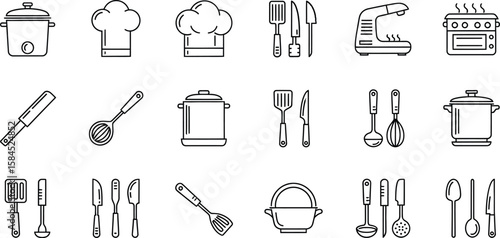 Vector art of a set of cooking and kitchen utensil icons isolated on white background represents culinary arts