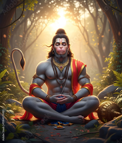 A serene Hindu deity, Hanuman, in a meditative pose amidst a lush forest.