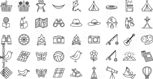 Vector art of a collection of picnic and camping icons isolated on white background, including a basket, grill, tent, and various outdoor recreational items