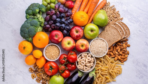 Wallpaper Mural A vibrant assortment of fresh fruits vegetables grains nuts and pasta arranged on a textured surface Torontodigital.ca