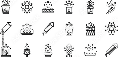Vector art of a collection of firework icons representing celebrations, festivals, and pyrotechnic displays, isolated on white background
