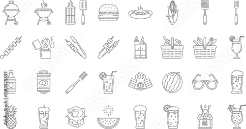 Set of summer food icons in line style with grill, burger, drink, juice, snacks, picnic basket, fruit, ice cream and beach items. 