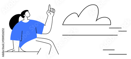 Person seated, pointing upward at a cloud with dynamic lines suggesting progress. Ideal for innovation, creativity, brainstorming, vision, future, possibilities and teamwork. Simple flat metaphor