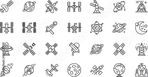 Vector art of a set of space and satellite icons representing various aspects of space exploration, communication, and astronomical research isolated on white background