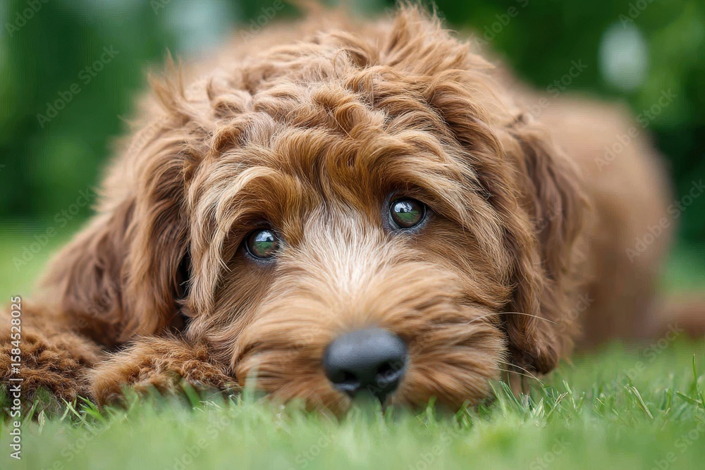 Fototapeta premium Small dog doodle resting in grass