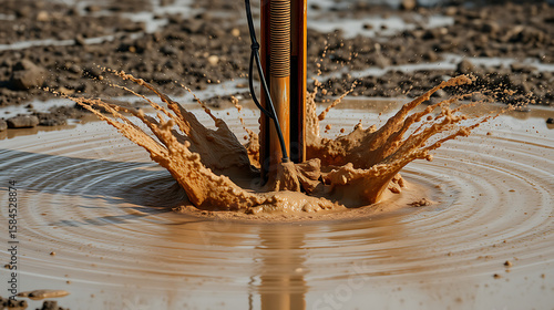 Muddy water splashes dramatically as drilling equipment extracts a sample from the earth for exploration and analysis of the site.