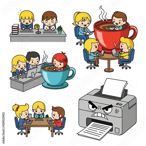 Business Workplace: Office People, Coffee Break, Angry Printer Cartoon Illustration