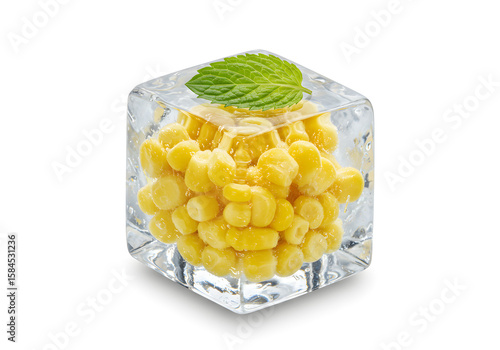 Sweet Corn Kernels Frozen in Ice Cube with Mint Leaf | Conceptual Freshness and Food Preservation Image for Product Marketing and Healthy Eating