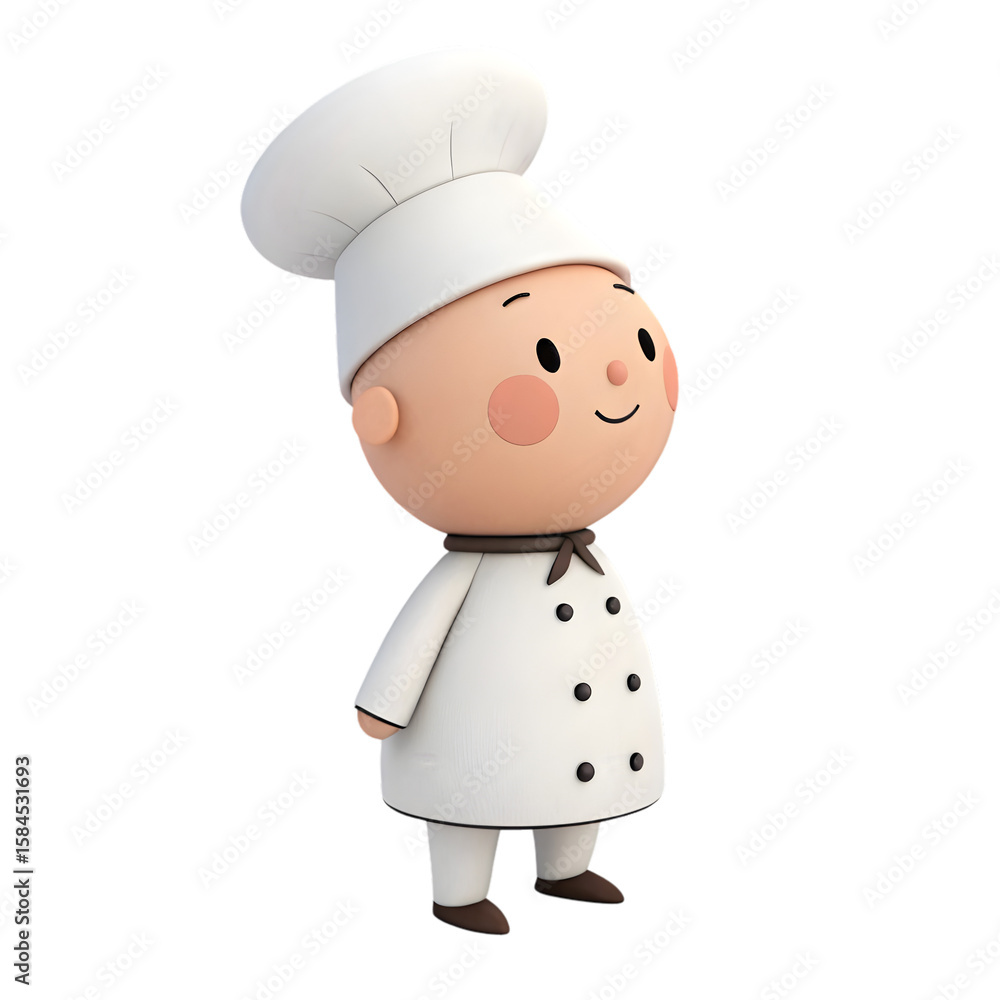 A 3D character of a friendly chef wearing a white chefs hat and uniform, smiling warmly, holding a plate of delicious food A 3D character of a friendly chef wearing a white chefs hat and uniform, smiling warmly, holding a plate of delicious food