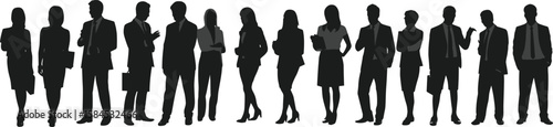 Silhouettes of business professionals standing in various poses — male and female figures in corporate attire and formal wear