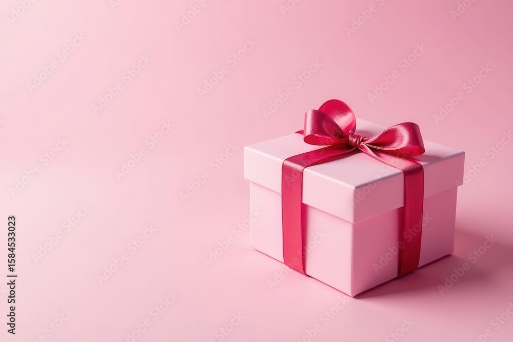 Obraz premium Pink heart-shaped gift box with ribbon, white card Light pink backdrop Valentine's, Mother's Day , cute, affection