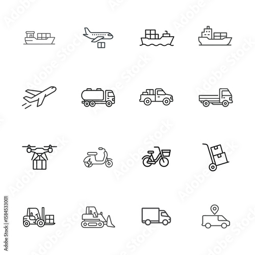 Transportation and Delivery Methods Diverse Icons Illustrating Modern Logistics Solutions and Infrastructure Equipment for Moving Goods