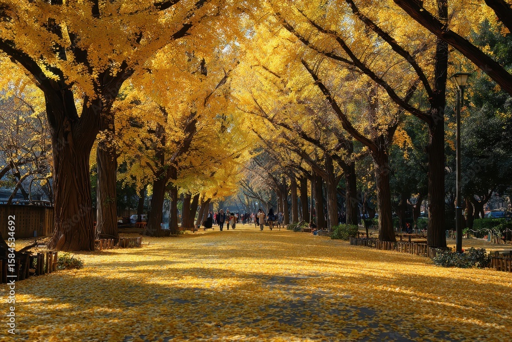 Fototapeta premium Strolling through the park and observing ginkgo leaves change hue