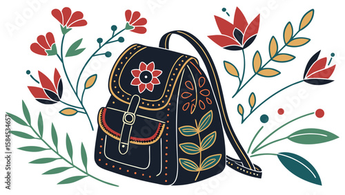 Illustration of a floral decorated backpack surrounded by flowers and leafy branches