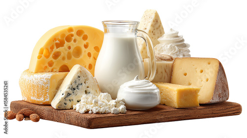 Assortment of most common dairy products on white backdrop