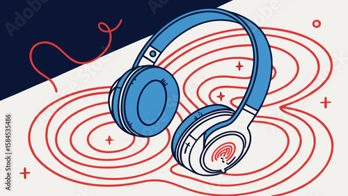 Illustration of blue headphones with red concentric circles and a dark blue background area