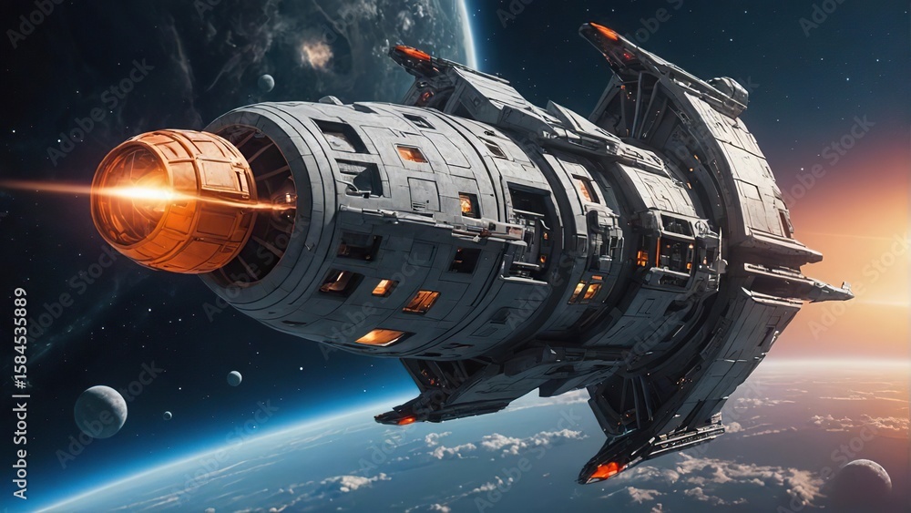 custom made wallpaper toronto digitalFuturistic spaceship in space with engine flames, sci-fi spacecraft near planet, space exploration vessel, science fiction concept art