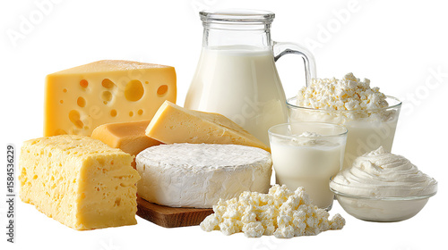 Assortment of most common dairy products on white backdrop